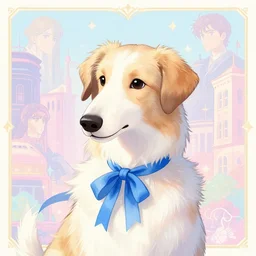 cute borzoi anthro wearing a blue ribbon, city background, very anime!!! kawaii!! intricate details, aesthetically pleasing pastel colors, poster background, art by conrad roset and ilya kuvshinov