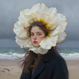portrait, giant flower head, a girl on beach, surreal photography, wind and cold, dramatic sky, impressionist painting, digital painting, artstation, simon stalenhag
