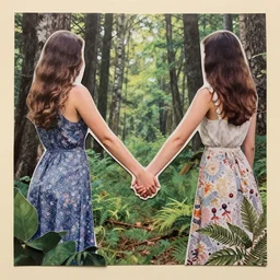 paper collage art made of cut up magazines depicting two women holding hands in a forest