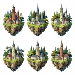a series of floating islands with cities on them, each with their own architectural style, drawn by hayao miyazaki