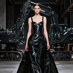 extremely beautiful portrait photo of a female statue in a couture gown with nylon straps and black buckles, the statue is made out of glossy black marble, black robotic construction equipment is behind her in an empty dark factory, the construction machinery is designed by cristobal balenciaga, fashion, paris, runway, collection, beautifully lit, glossy, hd, 4 k, 8 k, extremely clear focus, sharp, award winning fashion photograph