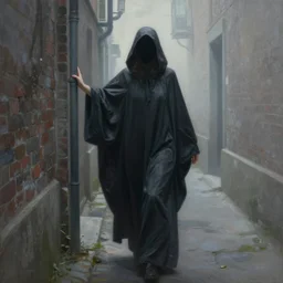 a painting of a woman in invisibility cloak sneaking in an alley, an ultrafine detailed painting by magali villeneuve, featured on polycount, altermodern, dystopian art, mist, official art