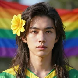 President of Brazil with a flower on his hair and rainbow flag in the background. Unreal engine, fantasy art by Betty Jiang. Faithfully depicted facial expression, perfect anatomy global illumination, radiant light, detailed and intricate environment