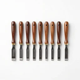 lacquered chisel set, 8k product photo, isolated on a pure white background, centered, entire object in frame, sharp focus, soft studio lighting