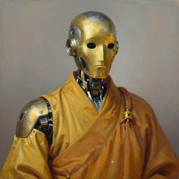 portrait of the robot zen monk zenyatta ( overwatch ), robot made of metal gold and silver with simple faceplate ( no mouth ) wearing zen robes, detailed realism in painting, detailed beautiful portrait, oil painting masterpiece, 8 k resolution, smooth, sharp focus, trending on artstation, by rembrandt