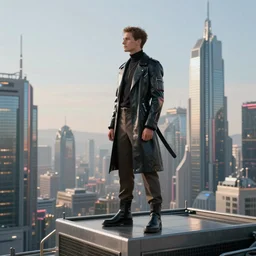 man dressed in stylish futuristic clothing, standing on the top of a building overseeing the city skyline of a futuristic city, hyper - realistic 4 k - hd profile picture photo