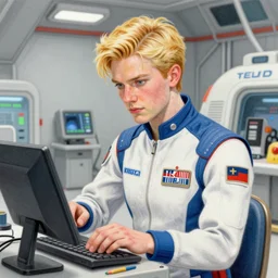 spaceship mechanic at work in a busy docking bay, blonde, bodysuit, finely illustrated face, highly detailed, colored pencil, studio ghibli, tankobon, in the style of ilya kuvshinov and krenz cushart and william - adolphe bouguereau and alphonse mucha