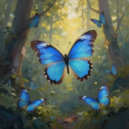 a beautiful painting of blue butterflies in a forest, sun shines, evening atmosphere