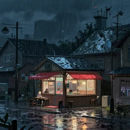 heavy rain suburban cold dark night, a lone small restaurant is seen, studio ghibli, pixar and disney animation, science fiction, cyberpunk, sharp, disney concept art watercolor illustration by mandy jurgens and alphonse mucha, dynamic lighting