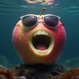 a single delicious apple with sunglasses and a big mouth singing sitting underwater, digital art, concept art, trending on DeviantArt, trending on Artstation, high quality, 8K HDR, octane render, unreal engine 5, path tracing, dramatic lighting, cinematic, highly detailed, hyper realistic, medium shot