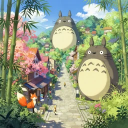street-level view of a beautiful, colorful kitsune city, bamboo, flowers, anime, fox people, a fantasy digital painting by Greg Rutkowski and James Gurney, trending on Artstation, highly detailed