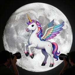 Colored unicorn with wings on the moon, photos taken by professional photographers