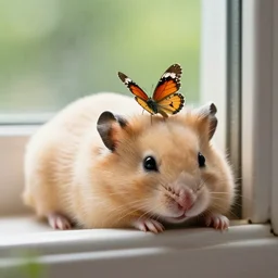 |tiny butterfly on head | A 4k photo of a cute blonde hamster sleeping on a window with a tiny butterfly on his head in a summer day