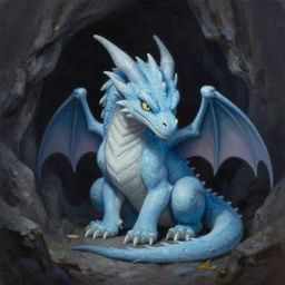 acrylic painting of a pale blue dragon whelp sitting in a corner of a cavern, dark, painted by seb mckinnon, cowering, wide shot, mtg, by wayne reynolds, by jason chan, trending on artstation