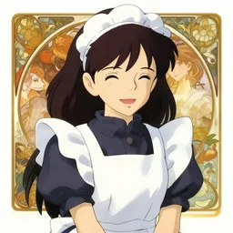 a maid girl winking, makoto shinkai, ghibli, wlop, alphonse mucha, highly detailed, studio portrait
