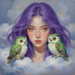 painting by krenz cushart, portrait of a beautiful girl with purple hair, and a little green owl around her, floating in the clouds, finely detailed features, intricate brush strokes, beautiful lighting, trending on pixiv fanbox.