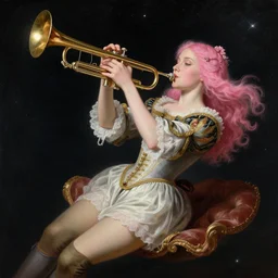 beautiful female popstar with pink hair floating in outer space playing a trumpet, renaissance style painting