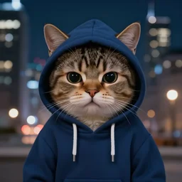 sad cat in a hoodie, night city background, by charlie davis
