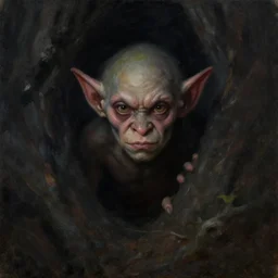 A short, mischievous-looking goblin hiding, Oil painting, ominous, threatening, shadowy