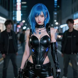 hyper realistic photograph portrait of cyberpunk pretty girl with blue hair, wearing a sexy leather outfit, cyber implants, in city street at night, by makoto shinkai, ilya kuvshinov, lois van baarle, rossdraws, basquiat