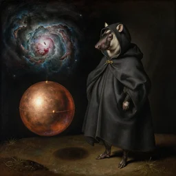 an aardvark, wearing a hooded cloak, stands next to a levitating copper orb, eel nebula, by jan van eyck - h 7 0 4