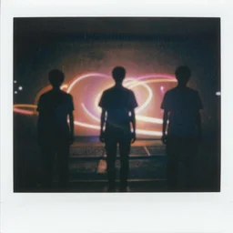 polaroid of a dream, silhouettes, threes, rain, reflection, double exposure, dramatic low-key neon lighting, light painting