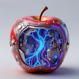 inside a apple, ornate and intricate, by greg rutkowski, by anton fadeev, by rhads, by midge sinnaeve, 4 k, cyber punk style, glowing blue veins, purple glowing wires
