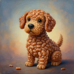 painting of a very cute bean dog consisting entirely of british baked beans, animal entirely made of british baked beans, by zdzislaw beksinski, by dariusz zawadzki, by wayne barlowe, gothic, surrealism, cosmic horror, lovecraftian, cold hue's, warm tone gradient background, concept art, beautiful composition