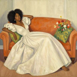 black european woman in a gown laying on couch, bloom flowers, modern, eclectic, illustration, by ramon casas