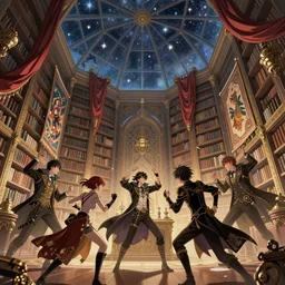 steampunk magicians epic battling in a polygonal library walls and glass ceilings showing the stars and hanging silk drapery and tapestries, light dust, magnificent, close up, details, sharp focus, elegant, highly detailed, illustration, by Jordan Grimmer and greg rutkowski and PiNe(パイネ) and 薯子Imoko and 香川悠作 and wlop and maya takamura, intricate, beautiful, Trending artstation, pixiv, digital Art