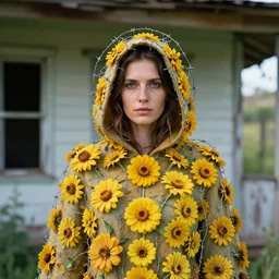 a woman wearing a hooded cloak made of zinnias and barbed wire, in a derelict house, by Helen Warner, natural light, detailed face, CANON Eos C300, ƒ1.8, 35mm, 8K, medium-format print