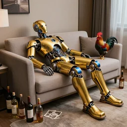 portrait photo of a shiny golden and blue metallic futuristic steampunk humanoid robot sleeping on a sofa in a modern hotel room, many bottles on the floor, a rooster on the sofa, pressphoto, insanely detailed, wide shot