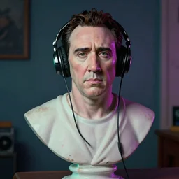 a roman bust of Nicolas Cage wearing headphones listening to music, in the stule of vaporwave