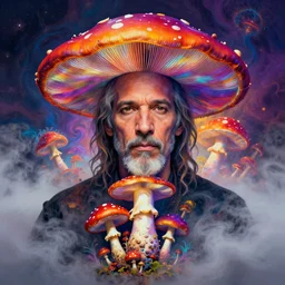 terrance mckenna protrait with mushrooms fractals and fog, vivid psychadelic colorful
