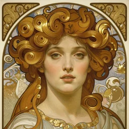 realistic detailed face portrait of Medea by Alphonse Mucha, Greg Hildebrandt, and Mark Brooks, gilded details, spirals, Neo-Gothic, gothic, Art Nouveau, ornate medieval religious icon