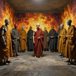 realistic empty room in the style of constructivism, cyborg monks in long cloaks, by francis bacon, by ayami kojima, by amano, by karol bak, greg hildebrandt, by mark brooks, by alex grey, by zdzisław beksinski, by takato yamamoto, wrapped thermal background