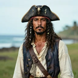 an award winning outdoors portrait photo of a brown, brown skin tanned caterina murino wearing pirate vest as a 1 7 0 0 s dirty caribbean olive tanned pirate with black silk hair, slightly big nose defined jaw, very beautiful, smug face, blue eyes, wearing a vest and short coat, sunset, movie color graded