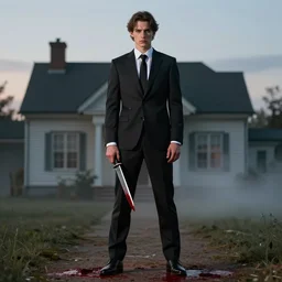 man in strict suit, one man, an indifferent face, house on background, bloody knife, blood on body, full body, little fog, evening, extremely detailed, sharp focus, professional photographer, professional model, minimalism, real life