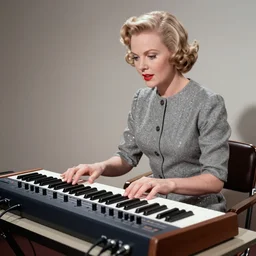 Shirley Temple using a giant modular synth, photograph