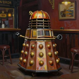 oil painting of a dalek in a traditional london pub, highly detailed, dramatic lighting, intense shadows, rich deep colours, by pablo picasso