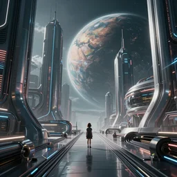 a futuristic city on a distant planet, sleek, polished metal, fibre optic cables with neon, science fiction, h g wells, dramatic, tiny girl looking on, epic composition, epic lighting, trending on artstation, octane render, 8 k, hd, directed by iain softley