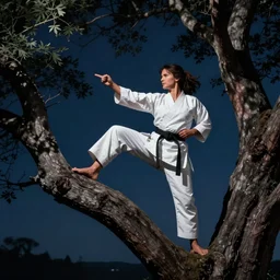 Catherine zeta jones doing karate on a tree in the night sky