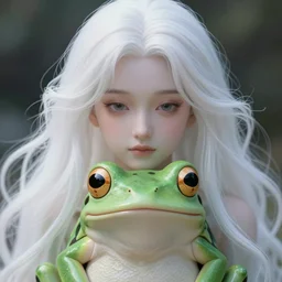 frog perspective, stunningly beautiful goddess, porcelain skin, long white hair, symmetrical, overwhelming, innocent, etheral, live 2 d anime style, 8 k