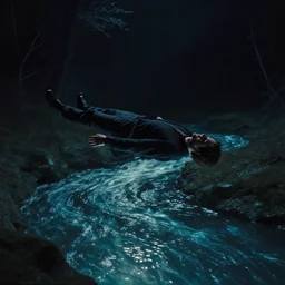 dark eerie movie frame, a man floating above the magic shining river styx, at night, otherworldly, dreamlike stanley kubrick, 1 7 mm, panorama shot, surreal, deep, detailed 4 k