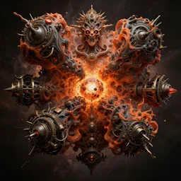 the explosion of the universe from an evil satanic seed, insanely detailed and ornate, anatomical details, mechanical details, orange and black, style of baroque, steampunk noir, octane render, 8 k, organic art