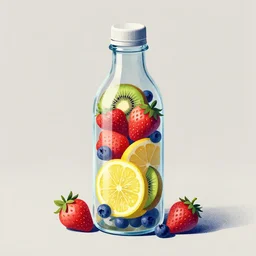 ( ( dither ) ), editorial illustration strawberries blueberries sliced kiwi sliced lemon inside a clear drinking bottle, ( ( isometric ) ), modern art deco, ( ( mads berg ) ), karolis strautniekas, stippled light, fog, fine texture, dynamic composition, matte print, ( ( unreal engine ) ), surrealism, colorful