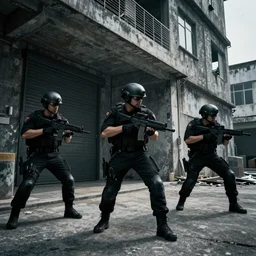 Cyberpunk swat team raiding a building