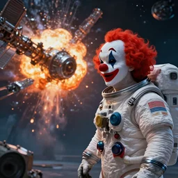 clown in a spacesuit looks at an exploding space station 13, 4k very detailed, cinematic