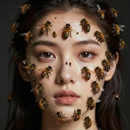 photo portrait of a woman's face covered in killer - bees