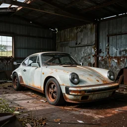 photo of an abandoned, dirty, ((((rusty)))), (grimy) Porsche Boxter concept car in an old shed, ultra wide angle lens